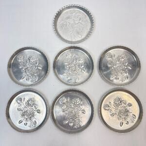 Vintage 7pc Aluminum Beverage Drink Coasters Country Farmhouse Pressed Floral